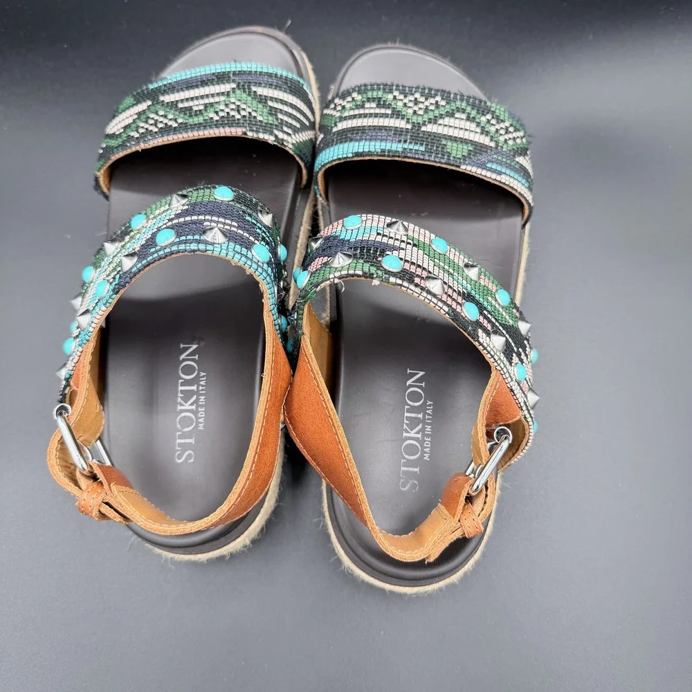 Stokton Italy Women 38 Woven Studded Turquoise Platform Espadrille Sandals